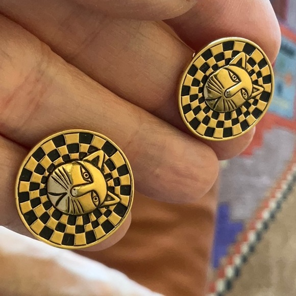 Laurel Burch Cat Face Checkered Background Circular Post & Clutch Vintage - Picture 2 of 8